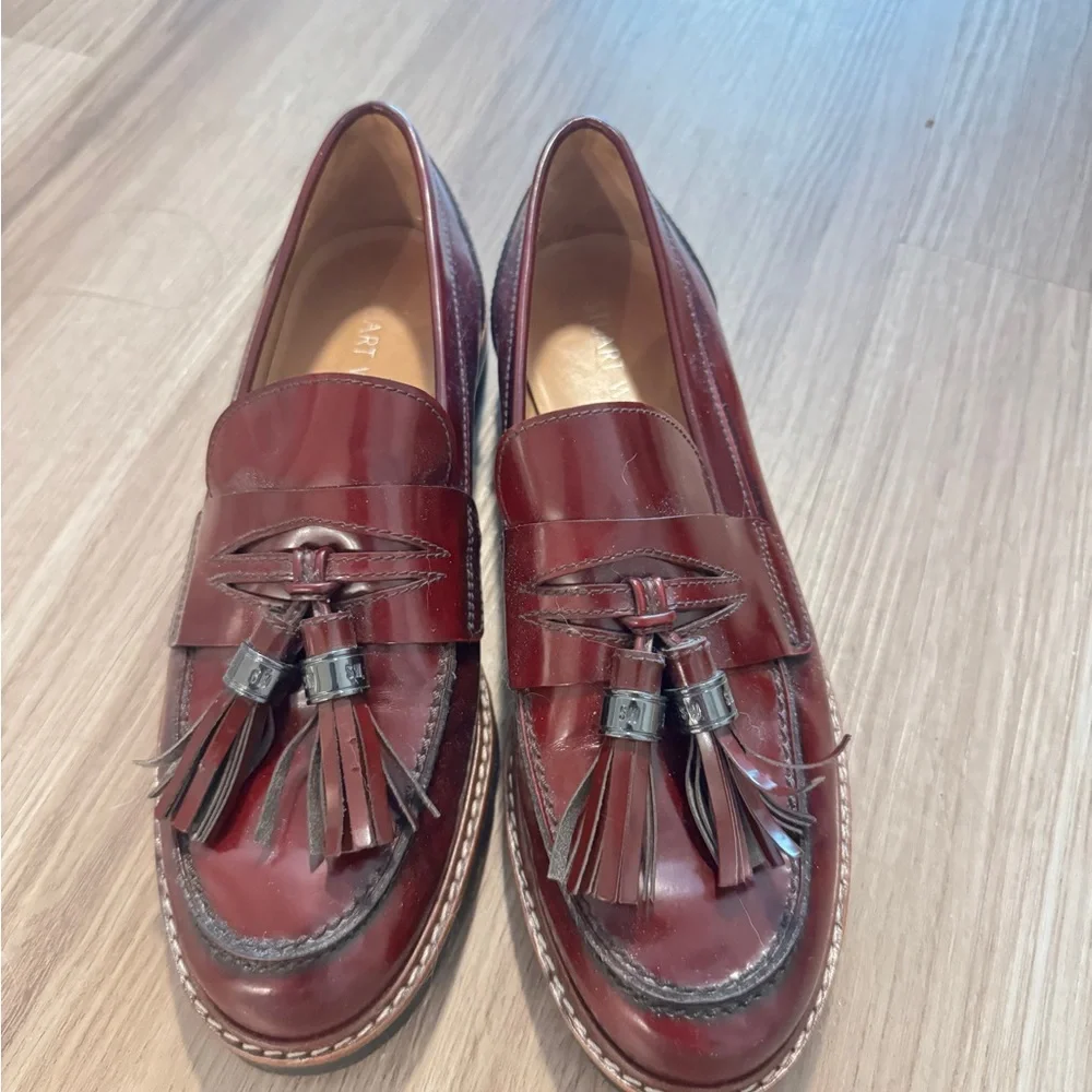Stuart Weitzman Burgundy Leather Tassel Loafers - Picture 1 of 5